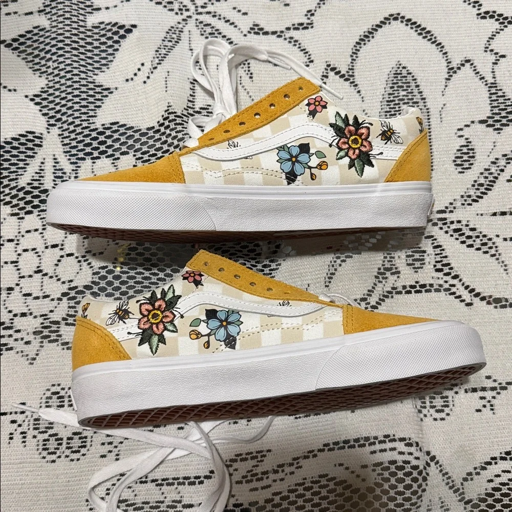 Vans Old Skool Checkerboard Floral Bee Mustard Yellow Sneakers Women 8.0 Men 6.5 - Picture 5 of 6